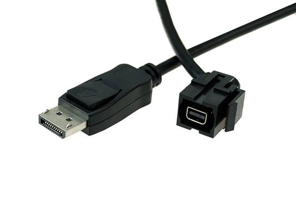 DisplayPort-Kabel mit einem männlichen DisplayPort-Stecker und einem weiblichen Steckeradapter auf weißem Hintergrund.