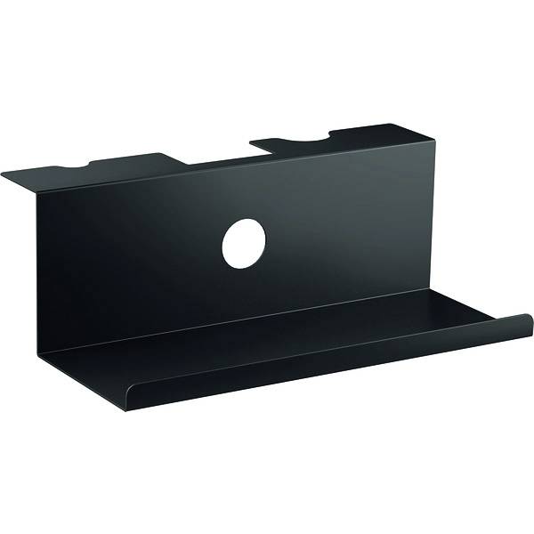 Schwarze Metallwandhalterung mit zentralem kreisförmigem Loch und flacher regalähnlicher Basis, dargestellt auf weißem Hintergrund.
