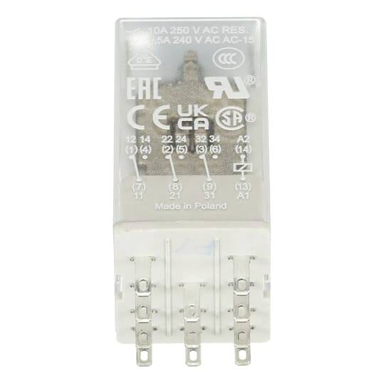Weißes elektrisches Relaismodul mit Bezeichnung 10A 250V AC mit Schaltplan und drei Metallklemmen.