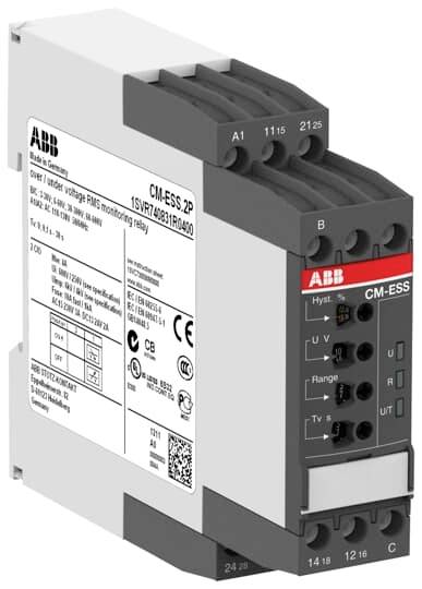 ABB CM-ESS.2P Spannungsüberwachungs-Relaismodul mit beschrifteten Anschlüssen und Steuerungseinstellungen, gezeigt in einer produktstilisierten Nahaufnahme.