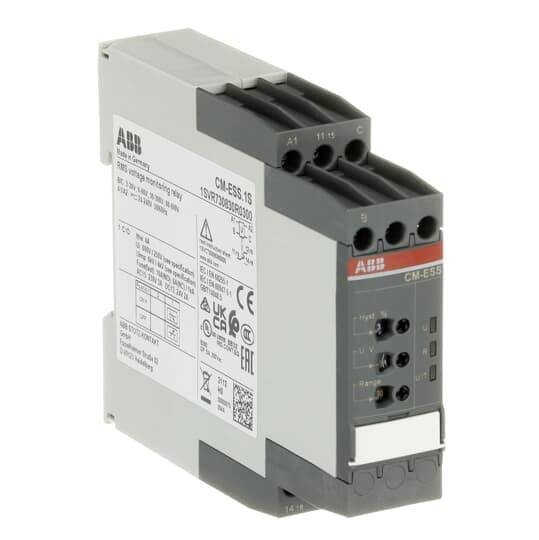ABB CM-ESS.1S Industrielles Steuerrelais-Modul mit beschrifteten Anschlüssen und Verdrahtungsanschlüssen, dargestellt auf weißem Hintergrund.