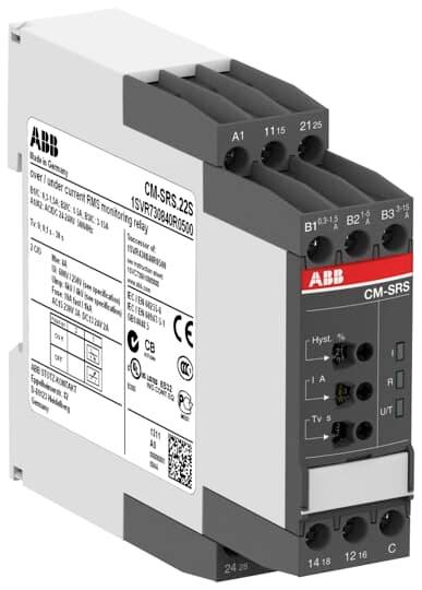 ABB CM-SRS.22S Überwachungsrelaismodul mit beschrifteten Klemmen und vorderen Einstellreglern