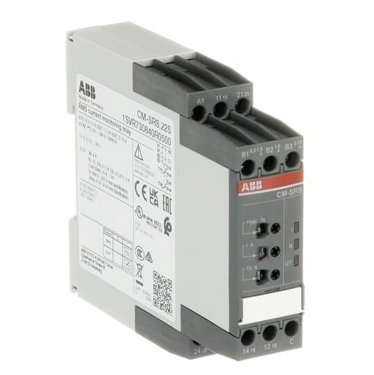 ABB CM-SRS.22S Industrie-Überwachungsrelaismodul mit gekennzeichneten Anschlüssen und Statusanzeigen auf weißem Hintergrund.