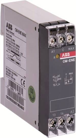 ABB CM-ENE Überwachungsrelaismodul mit LED-Statusanzeigen an der Vorderseite und Anschllussklemmen, dargestellt in einer Nahaufnahmeproduktansicht.