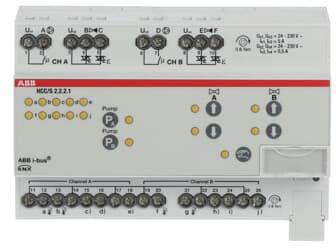 Weißes ABB-Elektrosteuermodul mit beschrifteten Anschlussblöcken, Status-LEDs und Kanalabschnitten für A- und B-Ein-/Ausgabeverbindungen.