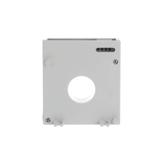 Vorderansicht eines grauen quadratischen Elektrogeräts mit einer zentralen kreisförmigen Öffnung, Lüftungsschlitzen in der Nähe der Oberseite und Befestigungsschrauben.
