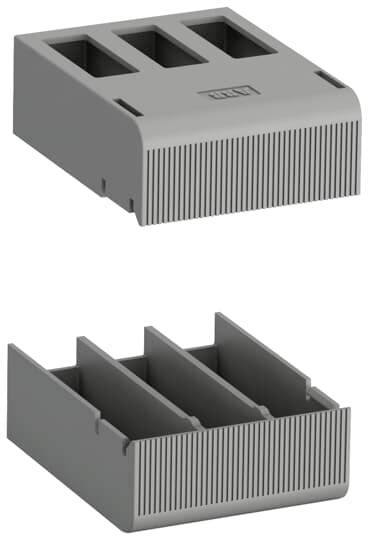 Gehäuse aus grauem Kunststoff für elektronische Stecker in geschlossener und offener Ansicht, mit drei internen Schlitzen und gerippter Frontplatte.