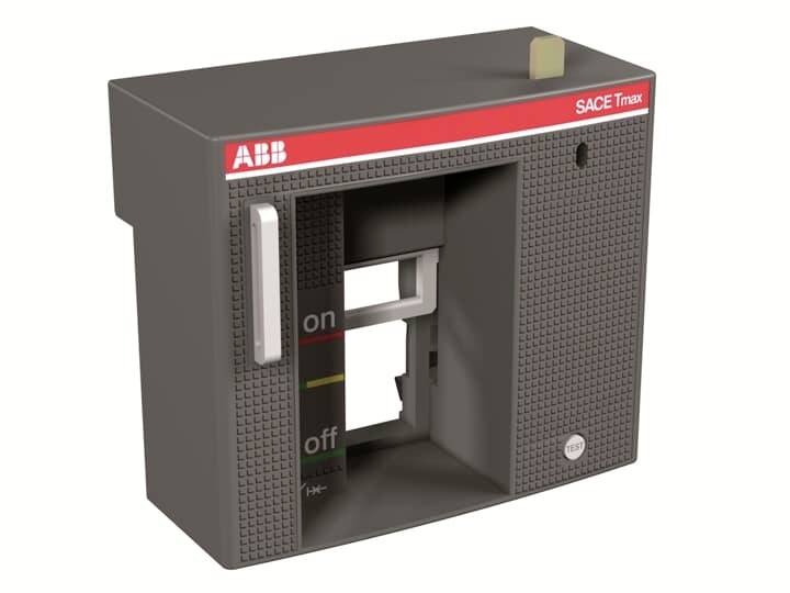 ABB SACE Tmax Leistungsschalter in einem schwarzen Gehäuse mit geöffneter Frontseite, auf der Ein-/Ausschalter-Markierungen und ein Schaltgriff zu sehen sind.