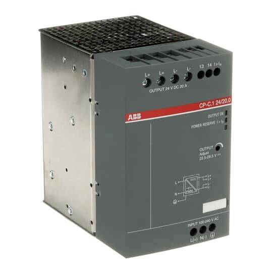 ABB CP-C.1 24/20.0 DIN-Hutschienen-Stromversorgungsmodul, 24 V DC, 20 A, in einem grauen Metallgehäuse dargestellt.