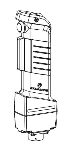 Schwarz-Weiß-Strichzeichnung eines tragbaren elektronischen Geräts mit Tasten und einer Sockelhalterung, seitlich dargestellt wie eine Produkt- oder Patentillustration.