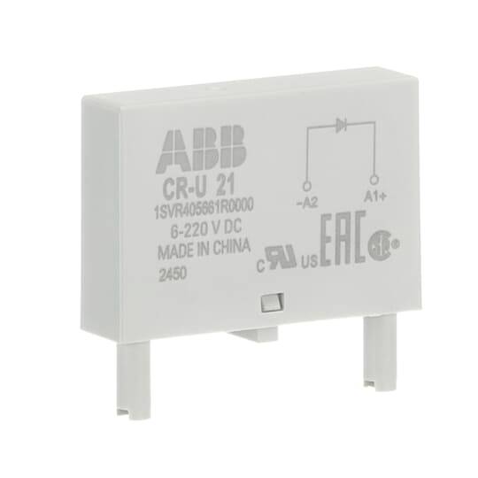 Weißes ABB CR-U 21 Relaiskomponente dargestellt mit gedrucktem Schaltplan und Spannungsbezeichnung 6-220 V DC.
