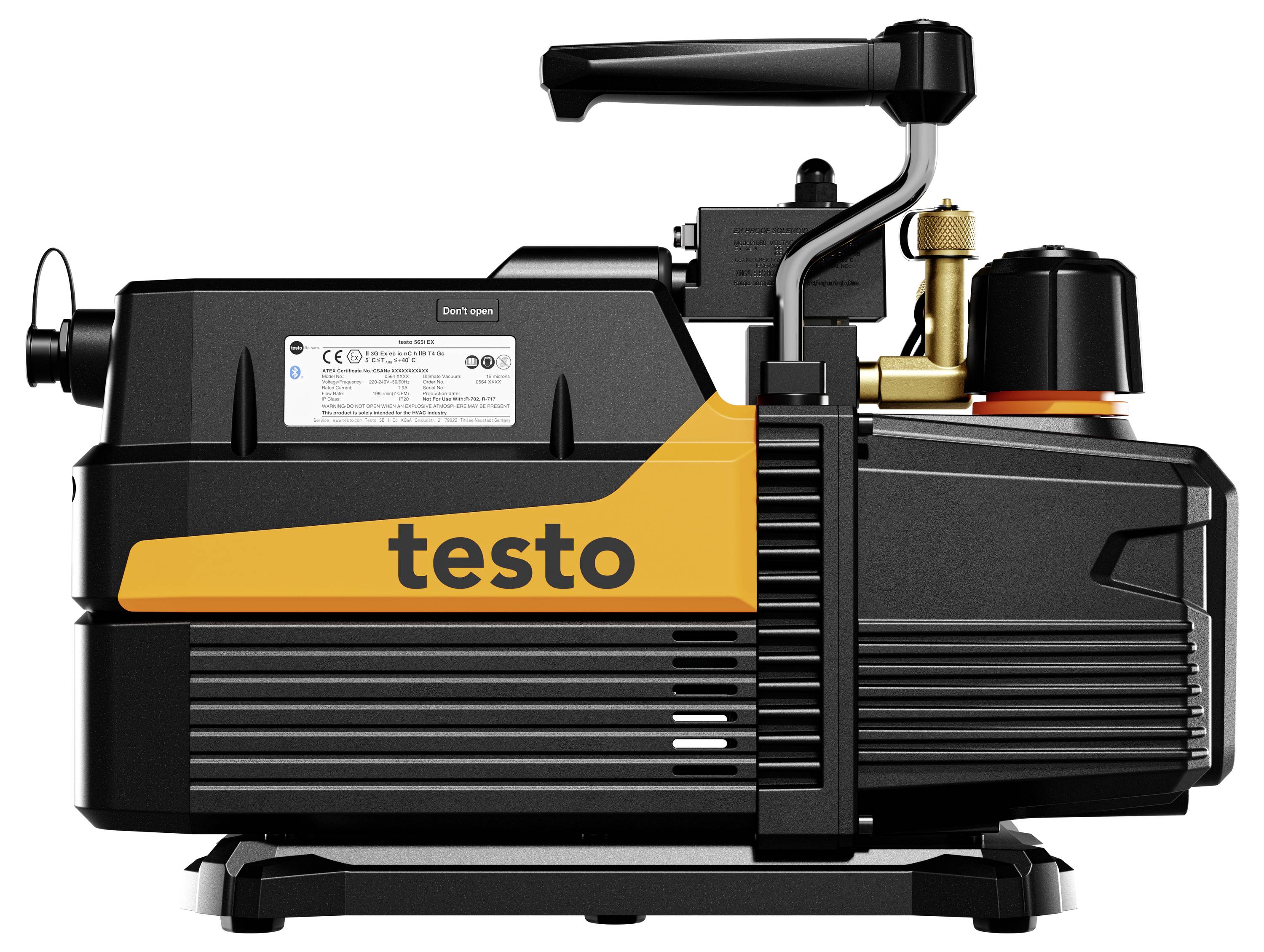 Tragbares Schwarzes Testo Pumpen-/Kompressorgerät mit Griff, Messingventilarmturen und orangem Logo auf weißem Hintergrund.