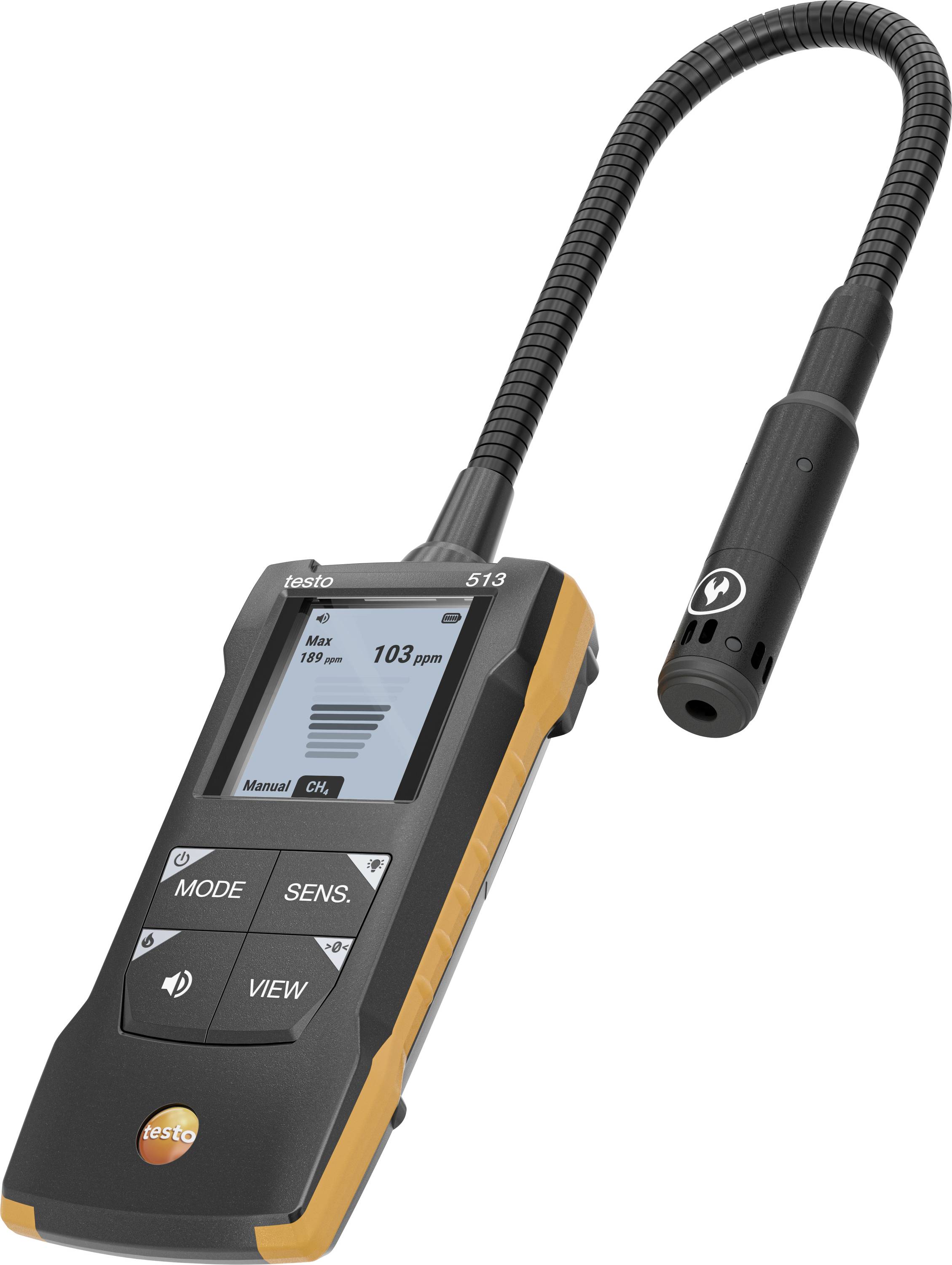 Tragbares digitales Manometer Testo 513 mit flexibler Sonde und LCD-Display zeigt 103 ppm an.