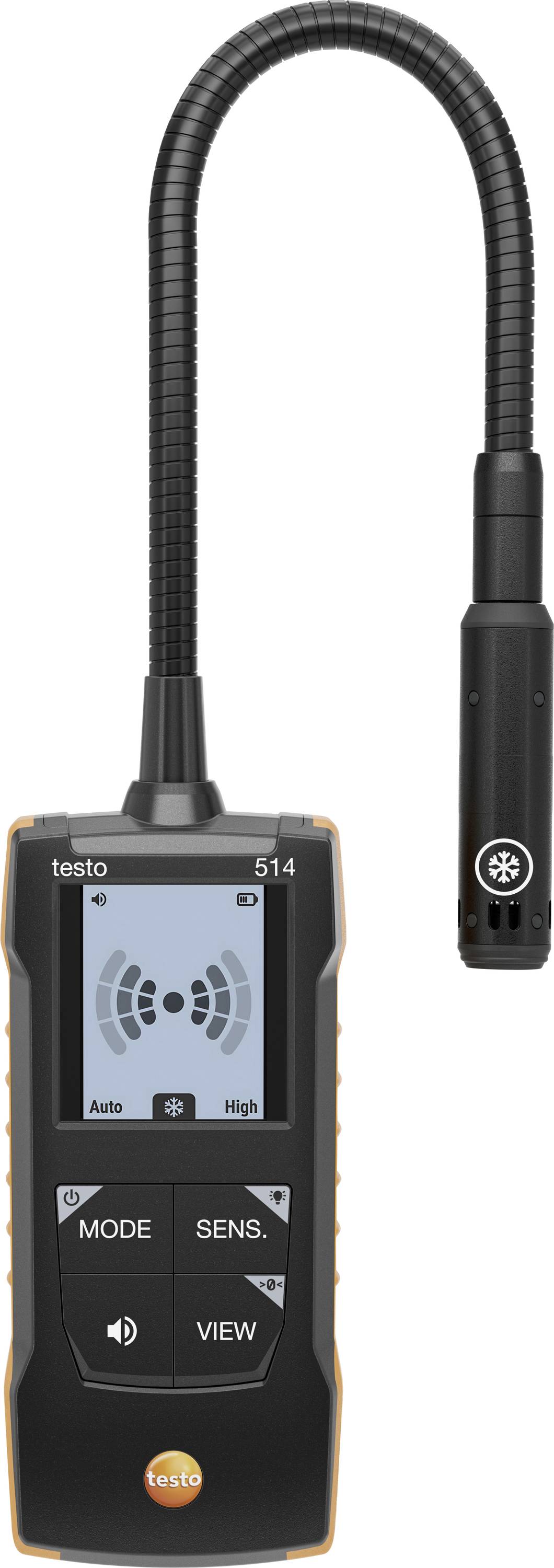 Tragbares Messinstrument Testo 514 mit flexiblem Schlauch und Sensorsonde, zeigt einen Bildschirm mit Wireless-Signalsymbol und Modusschaltern.