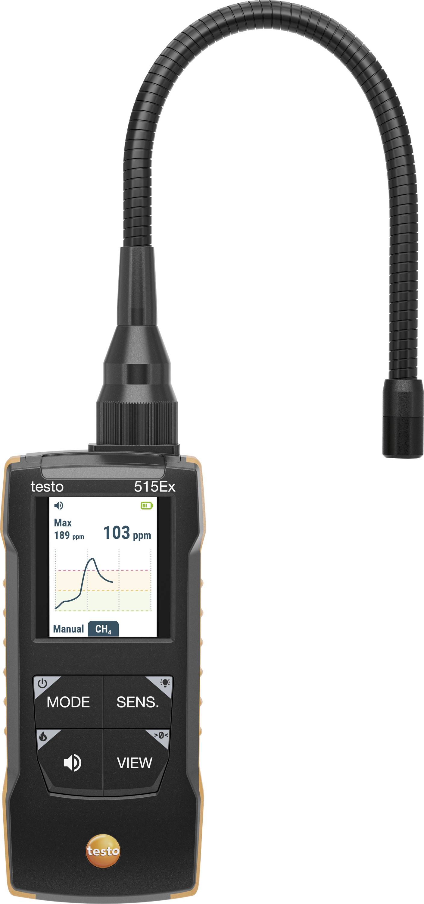 Tragbarer Gasdetektor testo 515ex mit flexibler Sonde, zeigt ein Display mit 103 ppm an.