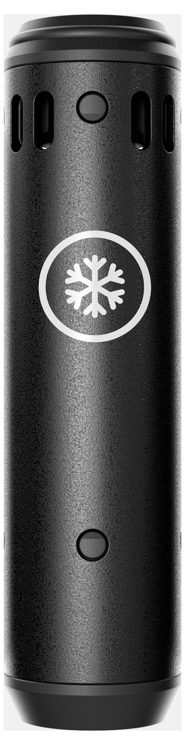 Schwarzes zylinderförmiges Gerät mit Lüftungsschlitzen und zwei runden Tasten, mit einem Schneeflocken-Logo auf der Vorderseite.