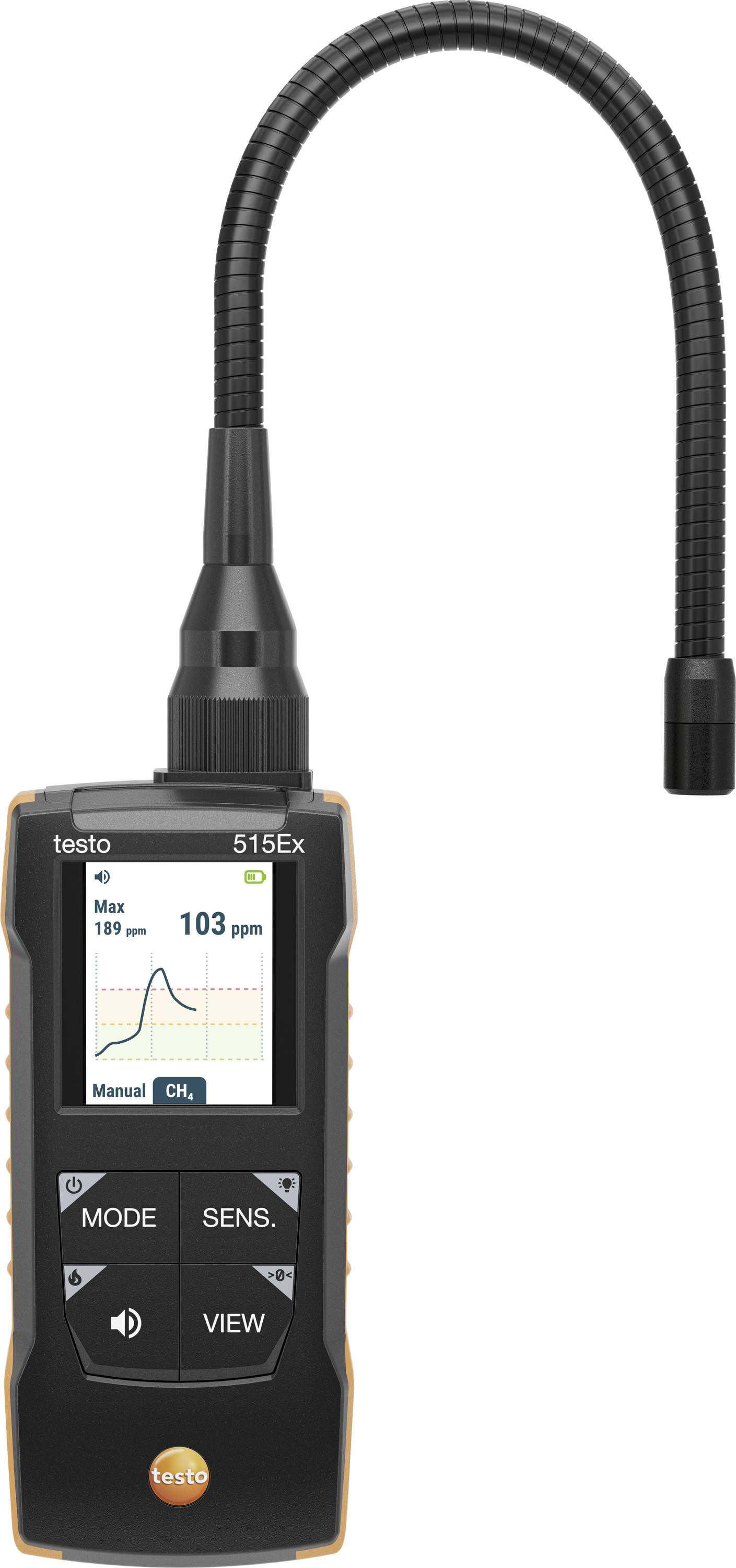 Tragbarer testo 515ex Gasdetektor mit flexiblem Schlauchasatz, zeigt eine Anzeige von 103 ppm.