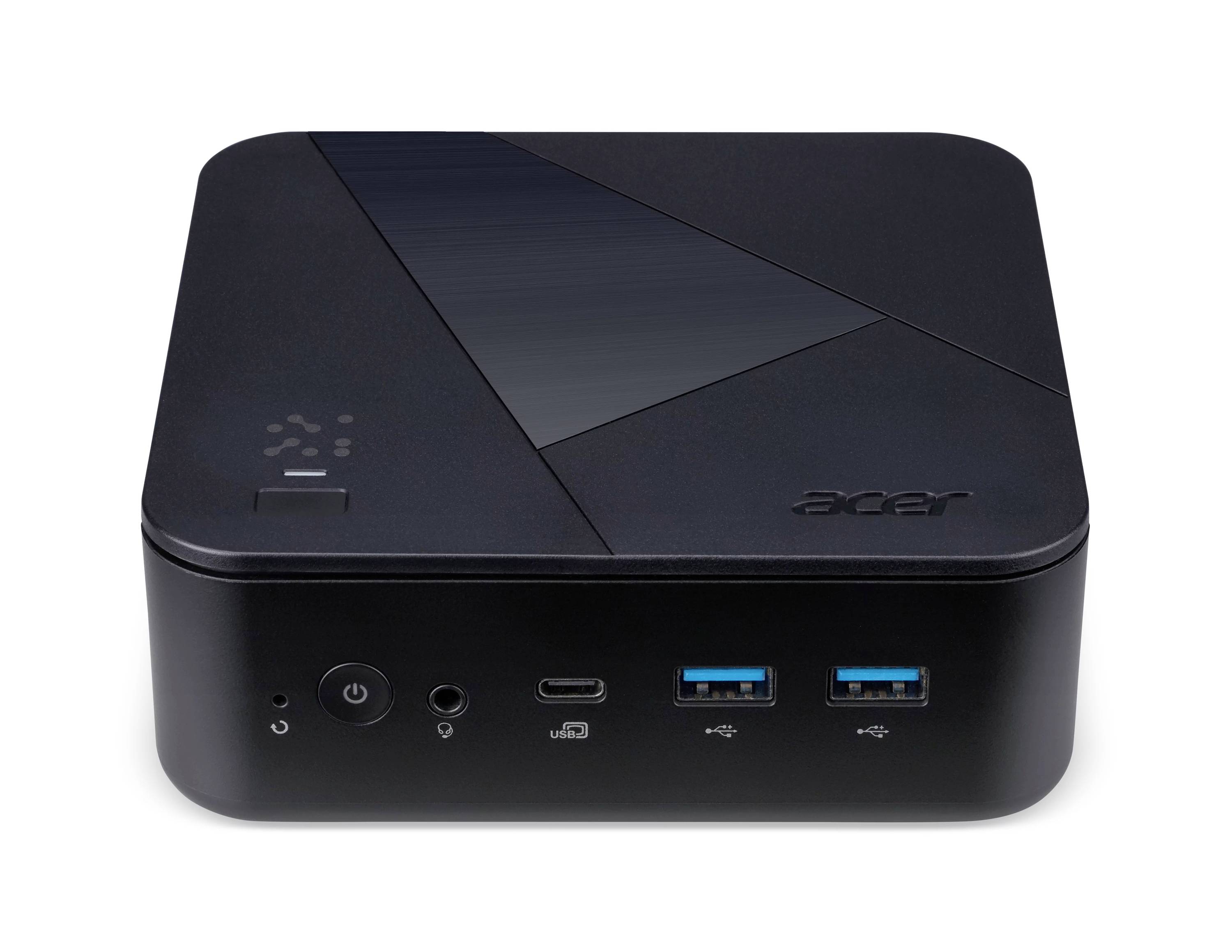 Frontansicht eines kompakten schwarzen Acer Mini-PCs mit Ein-/Aus-Schalter, Audioanschluss, USB-C und zwei USB-A-Anschlüssen auf der Frontplatte.