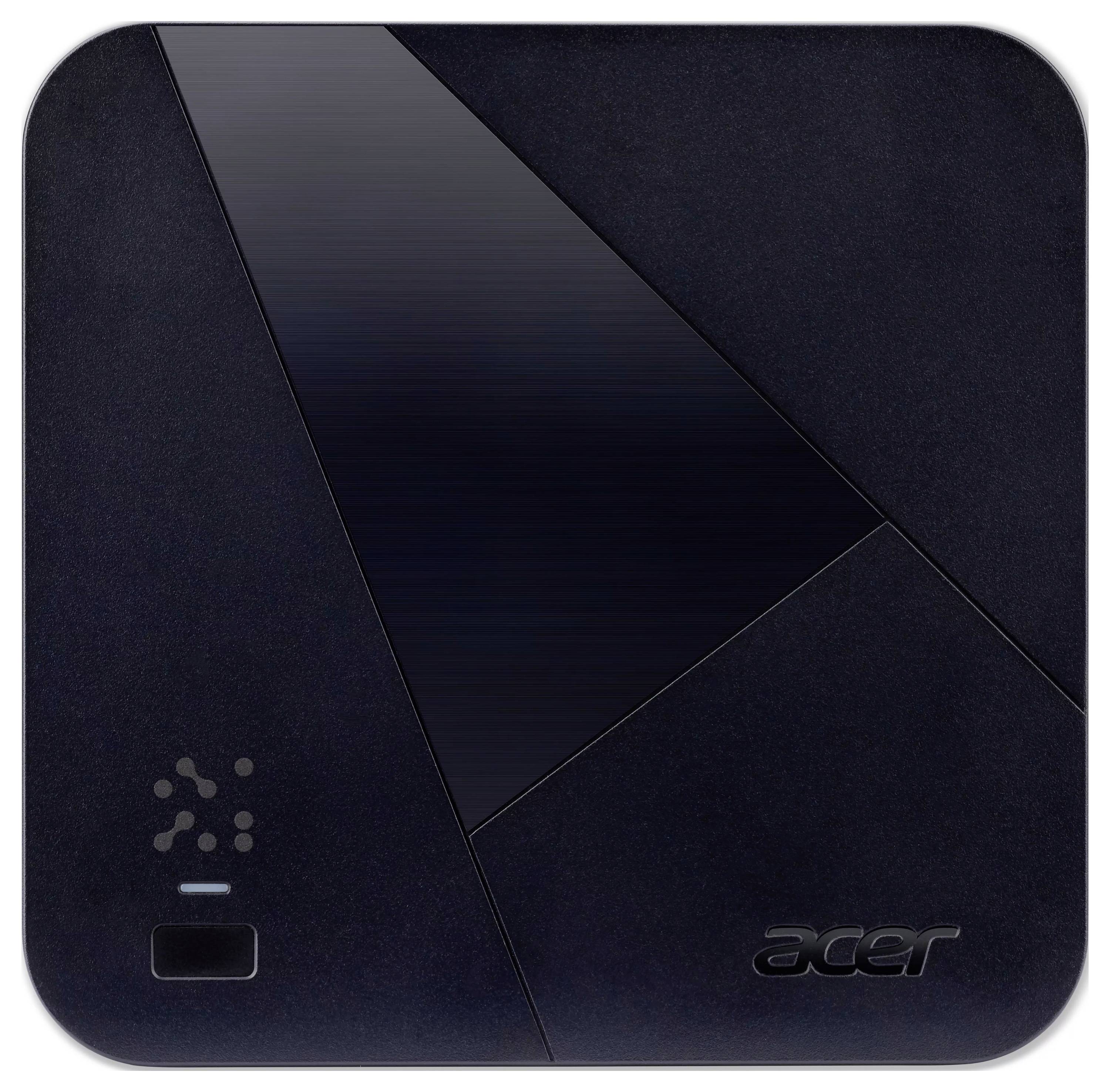 Schwarzes Acer-Gerät in Draufsicht mit abgewinkeltem Paneldesign, kleine Statusleuchten unten links und Acer-Logo unten rechts.