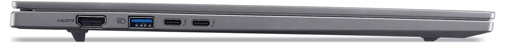Seitenansicht eines geschlossenen silbernen Laptops, der seine Vorderkante mit einem HDMI-Anschluss, zwei USB-Anschlüssen und einem Kartenschacht zeigt.