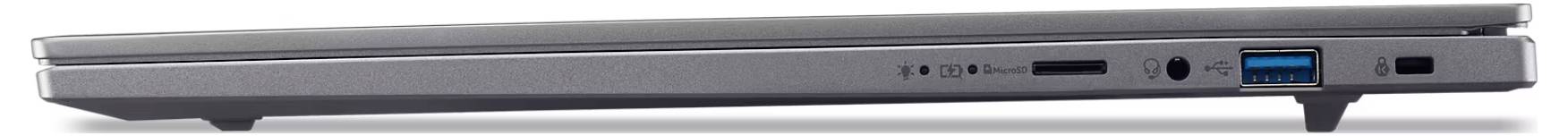 Seitenansicht eines geschlossenen silbernen Laptops, die das schlanke Design, die Anschlüsse und ein blau gefärbtes USB-Gerät zeigt, das in die rechte Seite eingesteckt ist.