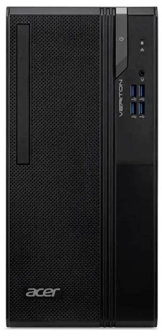 Frontansicht eines schwarzen Acer Veriton Desktop-Towers mit Netzschalter, USB-Anschlüssen und Audiobuchse auf dem rechten Bedienfeld.