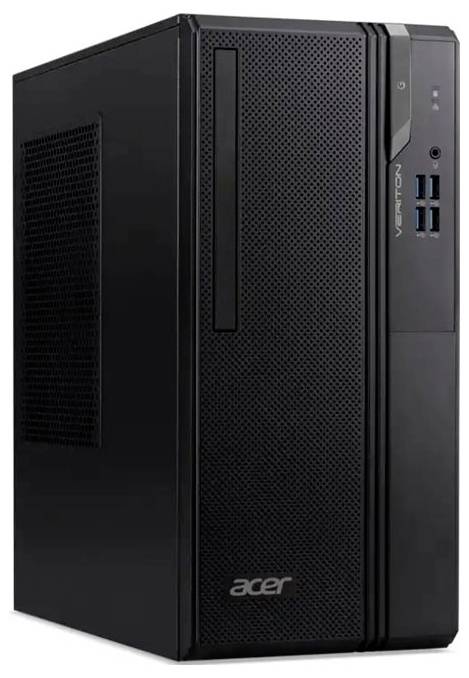 Schwarzer Acer Veriton Desktop-Turmcomputer, Vorder- und Seitenansicht mit sichtbaren USB-Anschlüssen und Stromschalter.