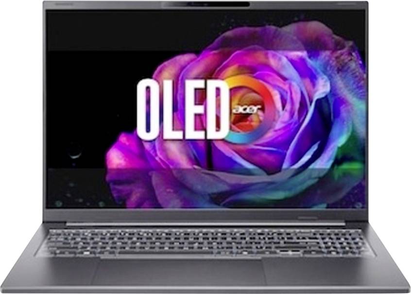 Ein Laptop mit einer lebendigen, farbenfrohen Rose-Grafik auf dem Bildschirm und dem Wort „OLED