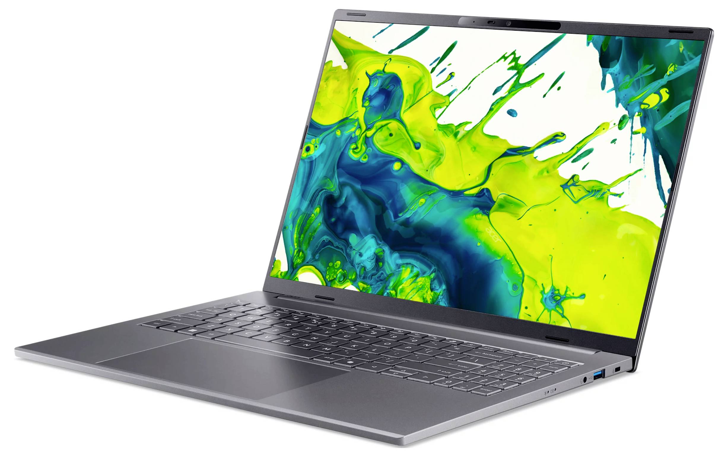 Laptop-Computer mit großem Bildschirm, auf dem abstrakte grüne, blaue und gelbe pinselstrichähnliche Wirbel auf weißem Hintergrund angezeigt werden.