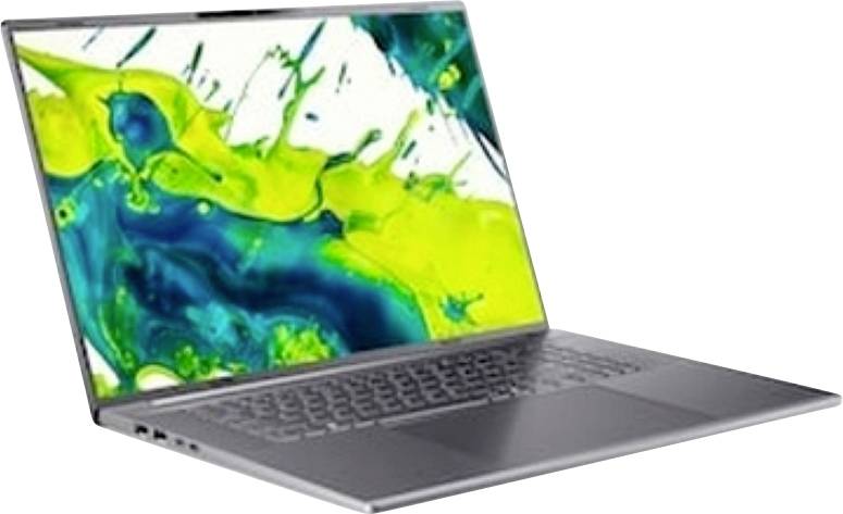 Offener Laptop mit einer lebendigen grünen und blauen abstrakten Anzeige auf dem Bildschirm, in einem Winkel auf weißem Hintergrund dargestellt.