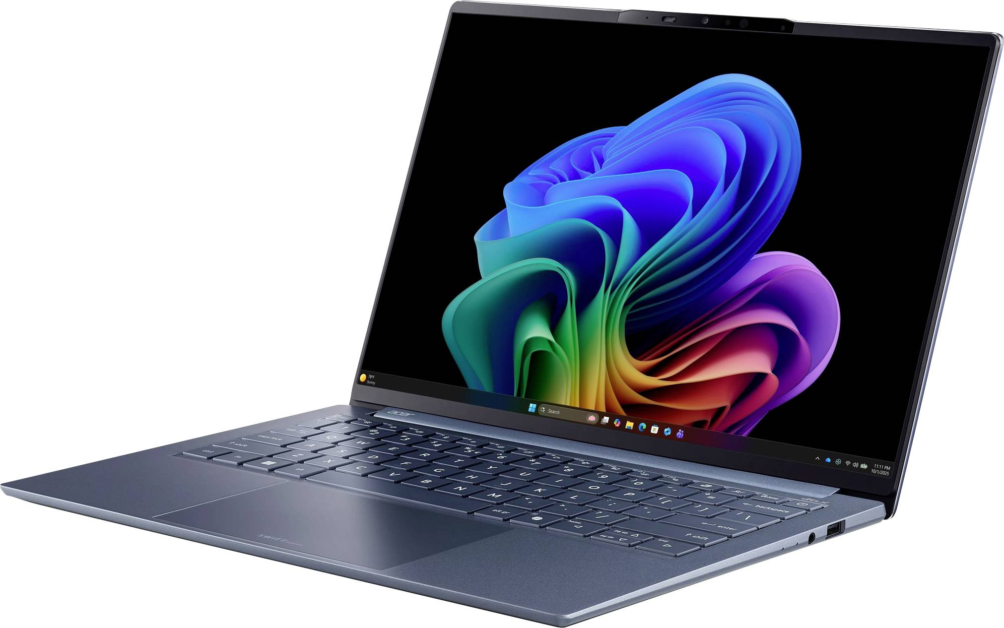 Ein dünner blauer Laptop in einem Winkel geöffnet, mit einem bunten abstrakten Windows-ähnlichen Hintergrundbild auf dem Bildschirm.