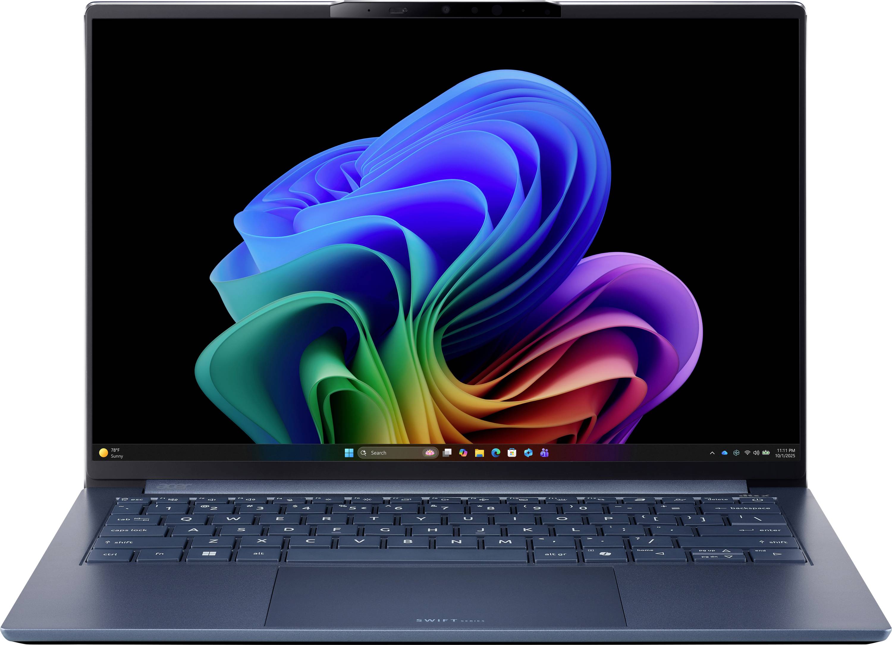Blauer Laptop mit farbenfrohem abstraktem Windows 11-Hintergrundbild auf schwarzem Bildschirm, Vorderansicht mit sichtbarer Tastatur.