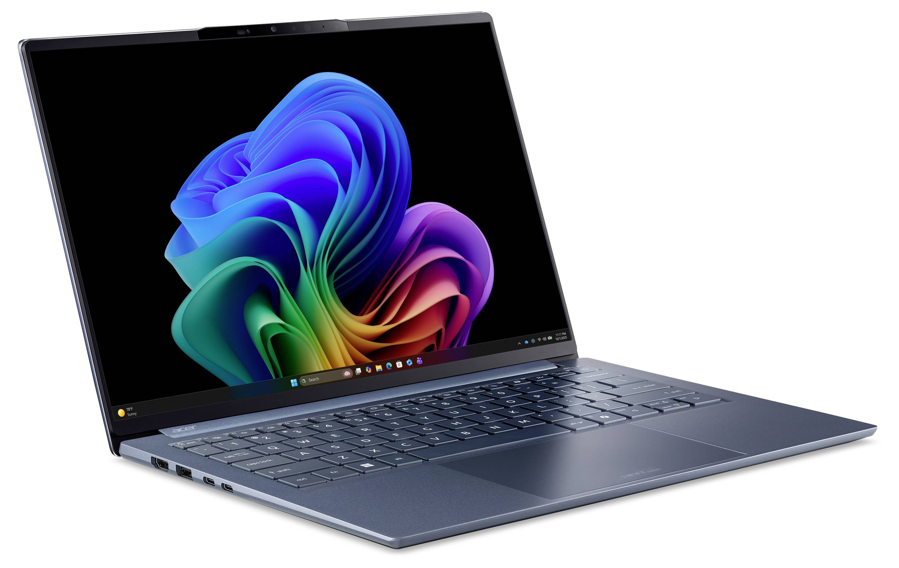Offener Laptop mit buntem abstraktem Windows-ähnlichem Wirbel-Hintergrundbild auf dunklem Bildschirm.