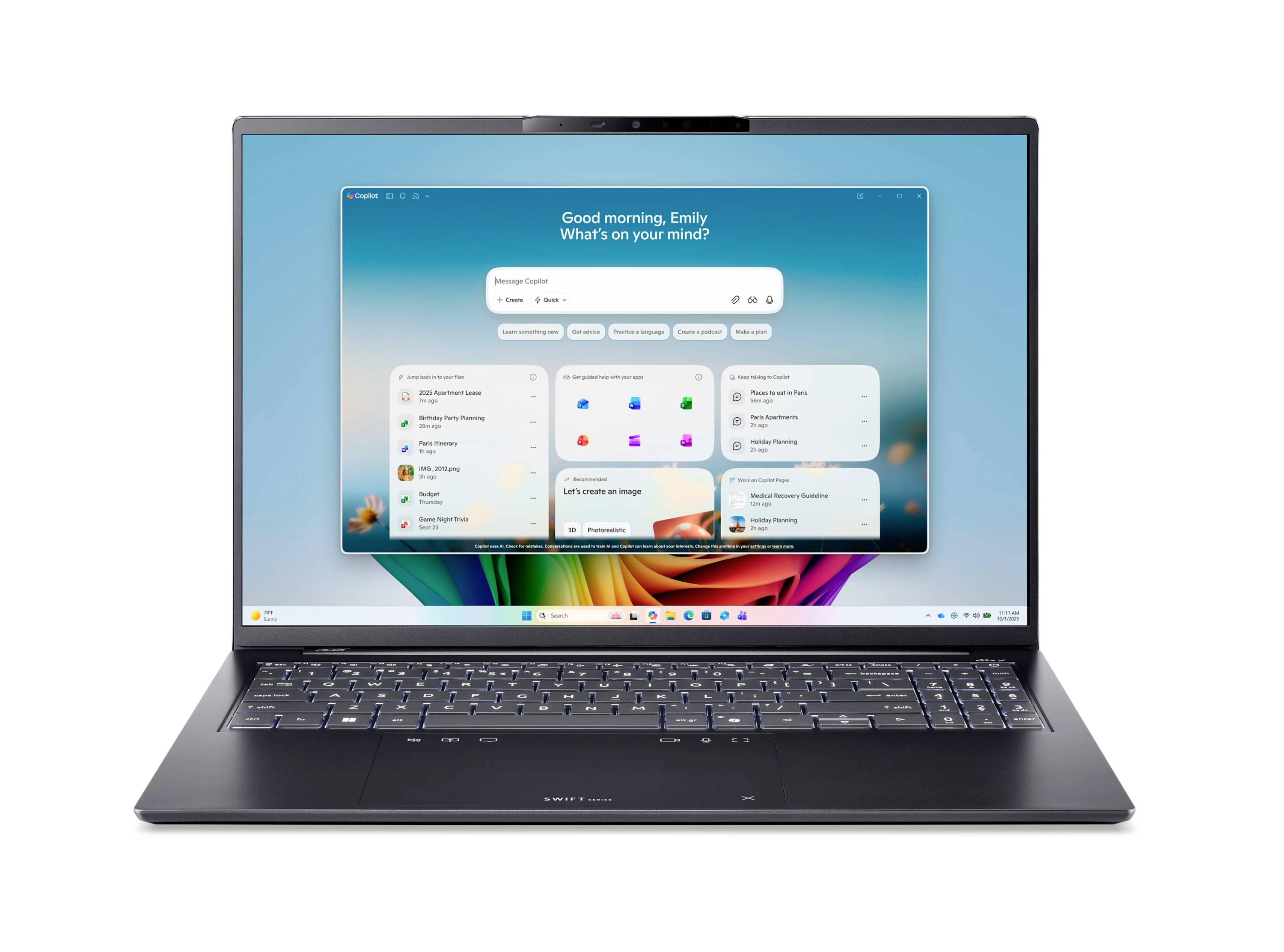Ein Laptop, der ein Dashboard im Windows-Stil anzeigt, mit der Begrüßung „Guten Morgen, Emily
