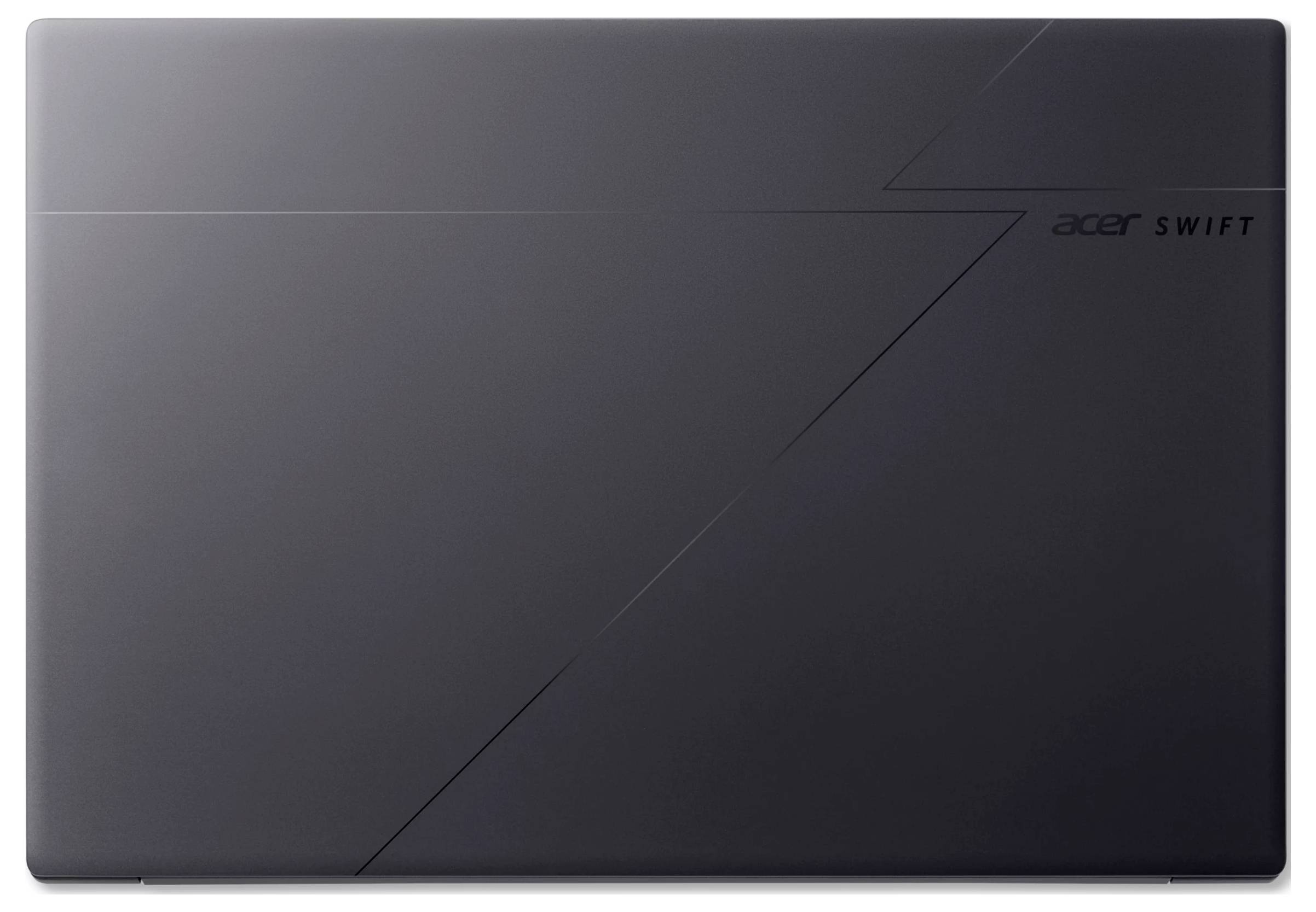 Geschlossener dunkelgrauer Acer Swift Laptopdeckel mit schrägen Linienakzenten und Logo in der oberen rechten Ecke.