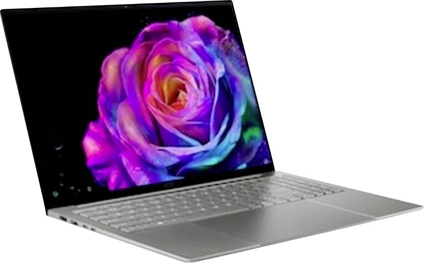 Silberner Laptop, der in einem Winkel geöffnet angezeigt wird, mit einem lebendigen mehrfarbigen Rosen-Hintergrundbild auf dem Bildschirm.