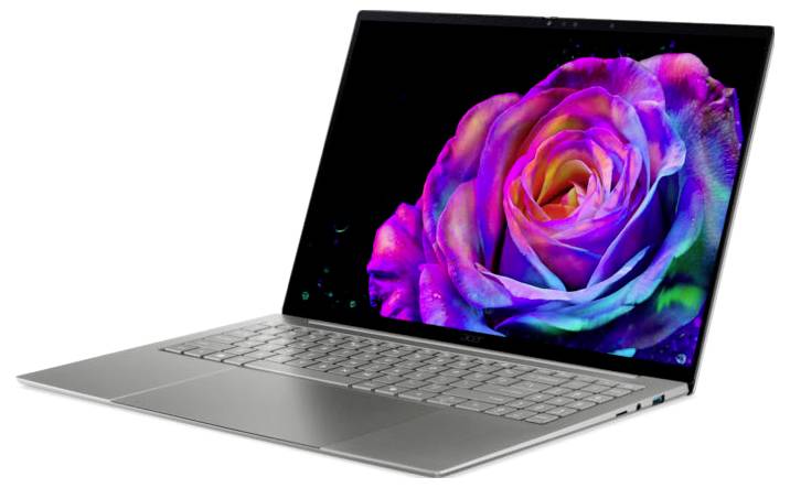 Silberner Laptop in einem Winkel geöffnet, zeigt ein farbenfrohen Rosen-Hintergrund auf dem Bildschirm vor weißem Hintergrund.