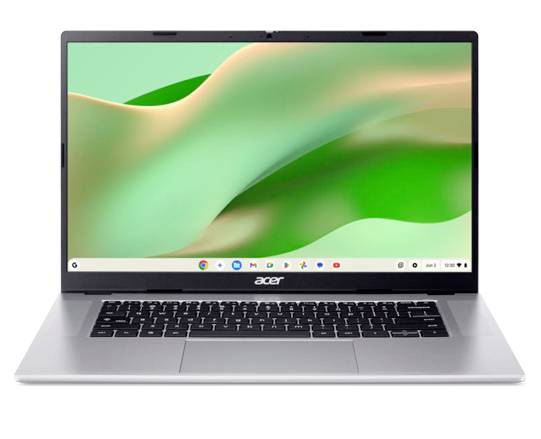 Acer-Laptop geöffnet und von vorne mit grünem abstraktem Hintergrundbild auf dem Bildschirm, gezeigt auf weißem Hintergrund.