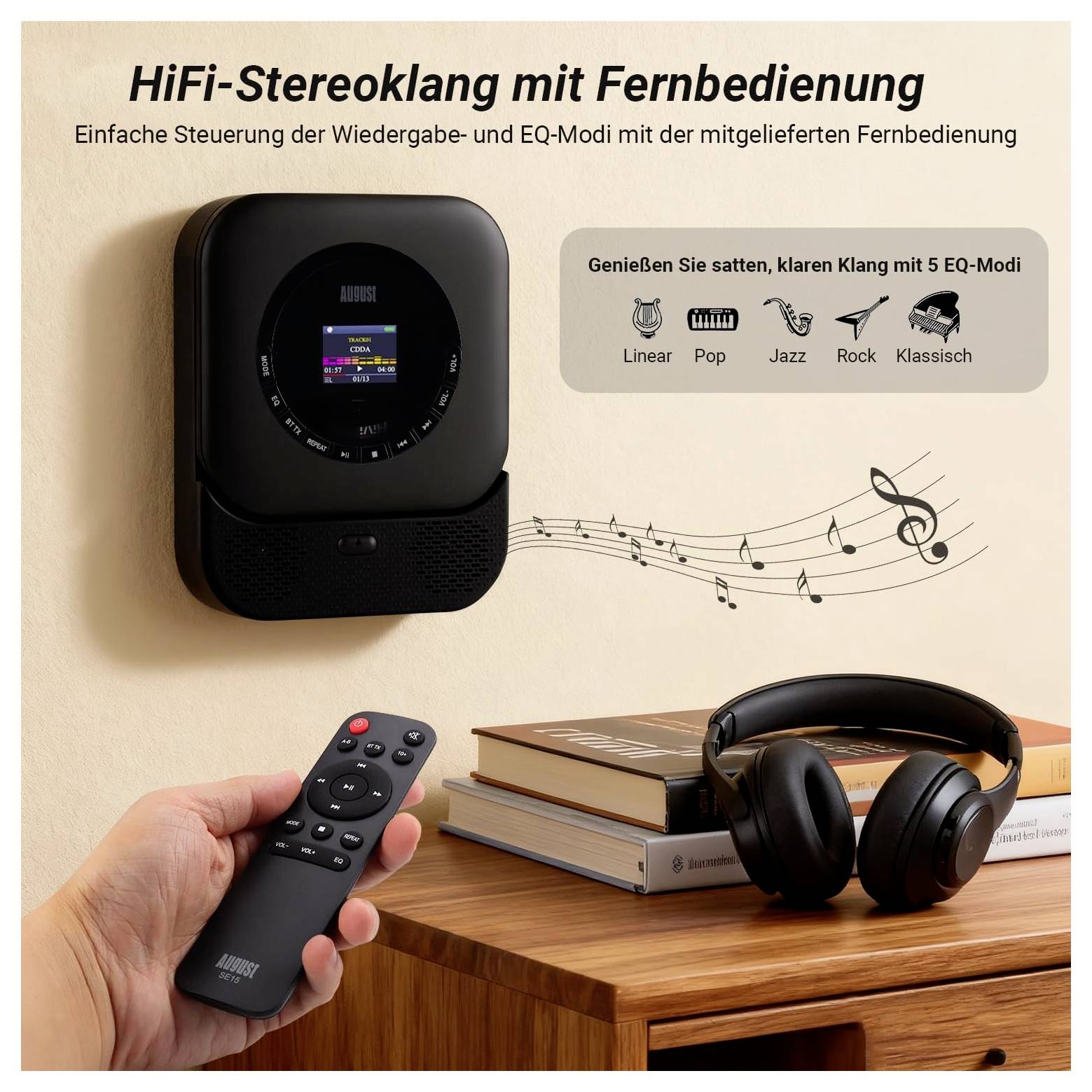 August SE15B MP3-Player Schwarz Bluetooth®, Lautsprecher
