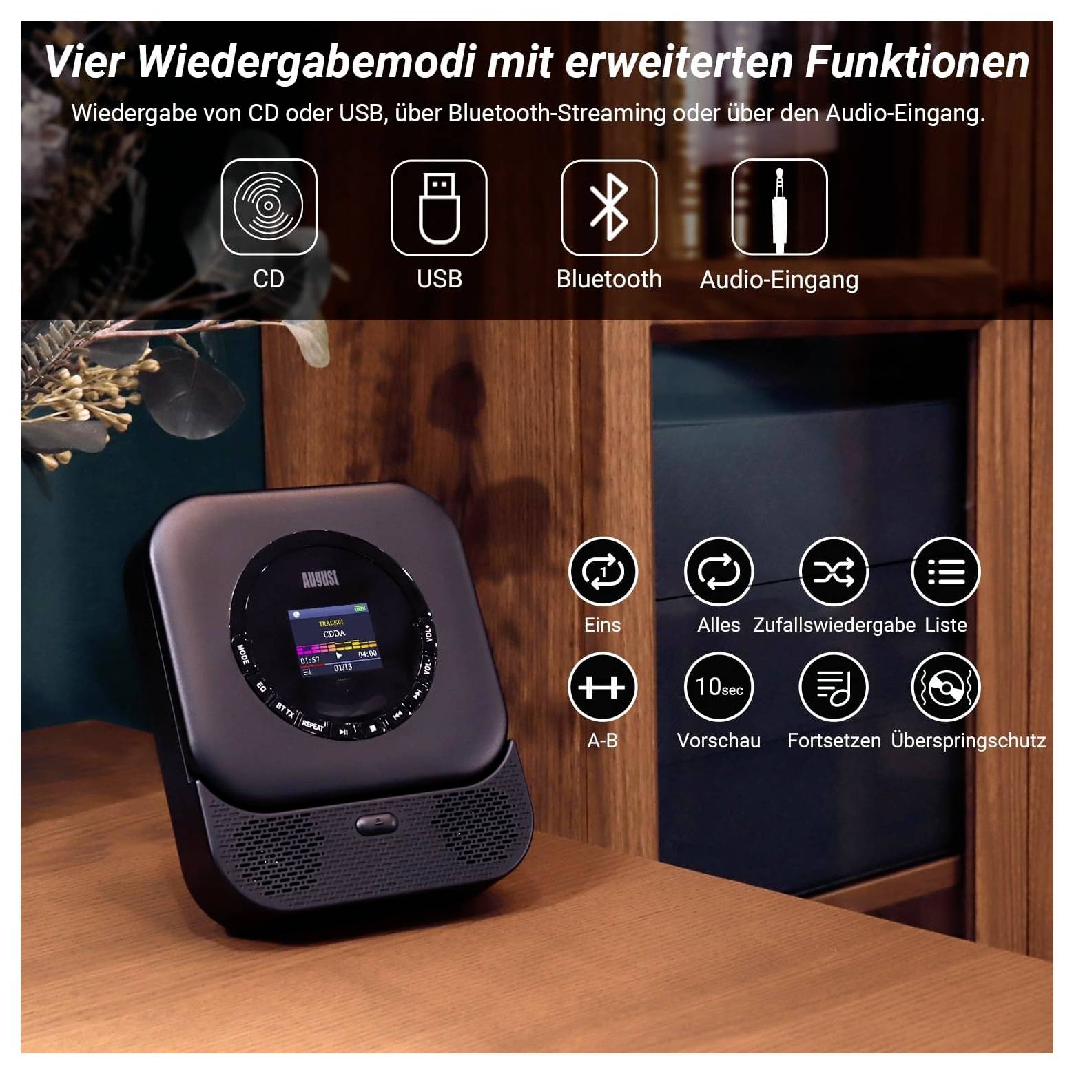 Deutsches Werbebild eines kompakten CD-Players mit vier Wiedergabemodi: CD, USB, Bluetooth und Audioeingang, plus Symbole für Wiederholung, Zufallswiedergabe, Liste und Skipschutz.