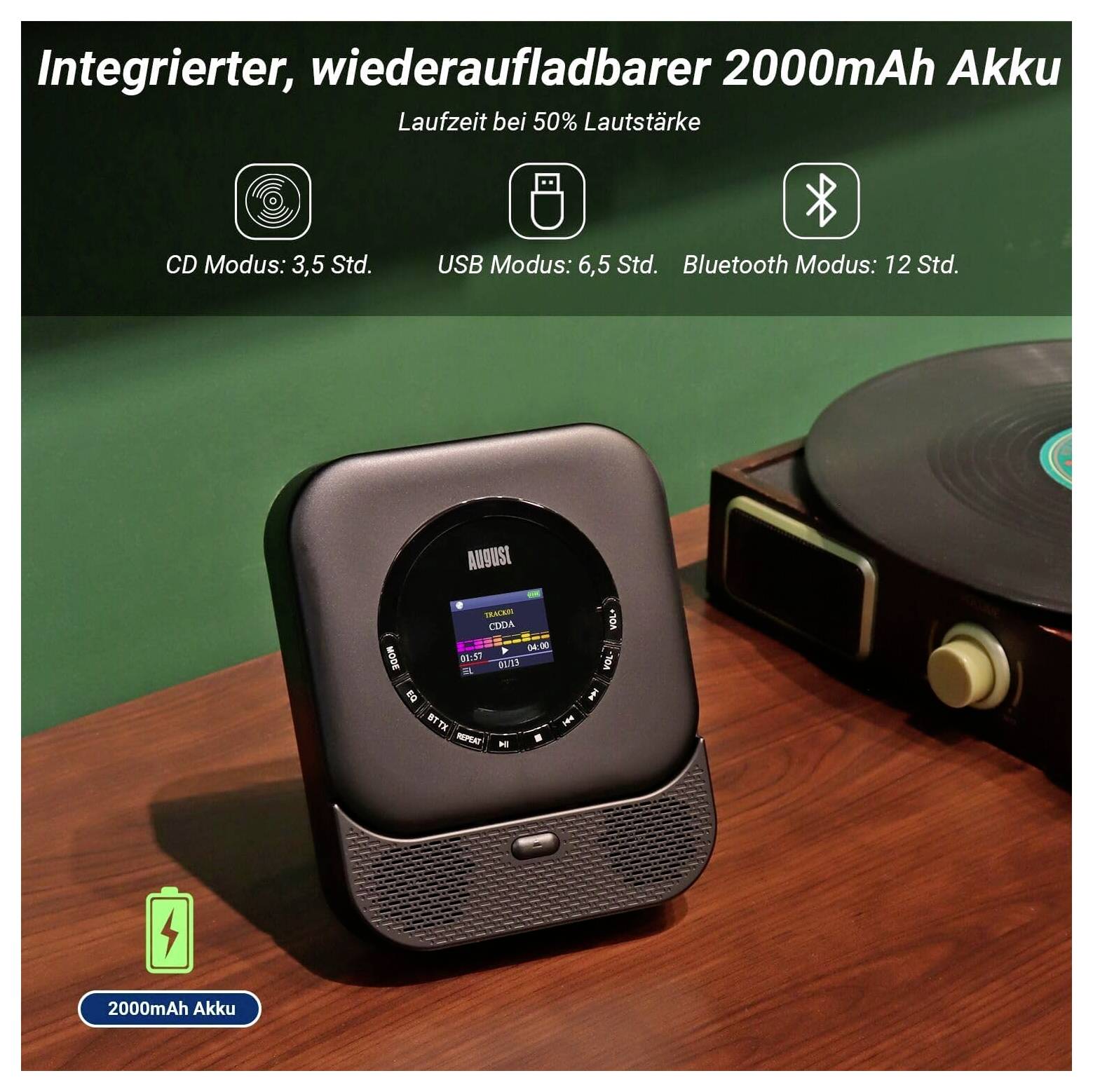 Tragbarer Retro-Musikplayer mit integriertem aufladbarem 2000-mAh-Akku; in der Textbeschreibung ist die Laufzeit bei 50% Lautstärke aufgeführt: CD 3,5 Stunden, USB 6,5 Stunden, Bluetooth 12 Stunden.