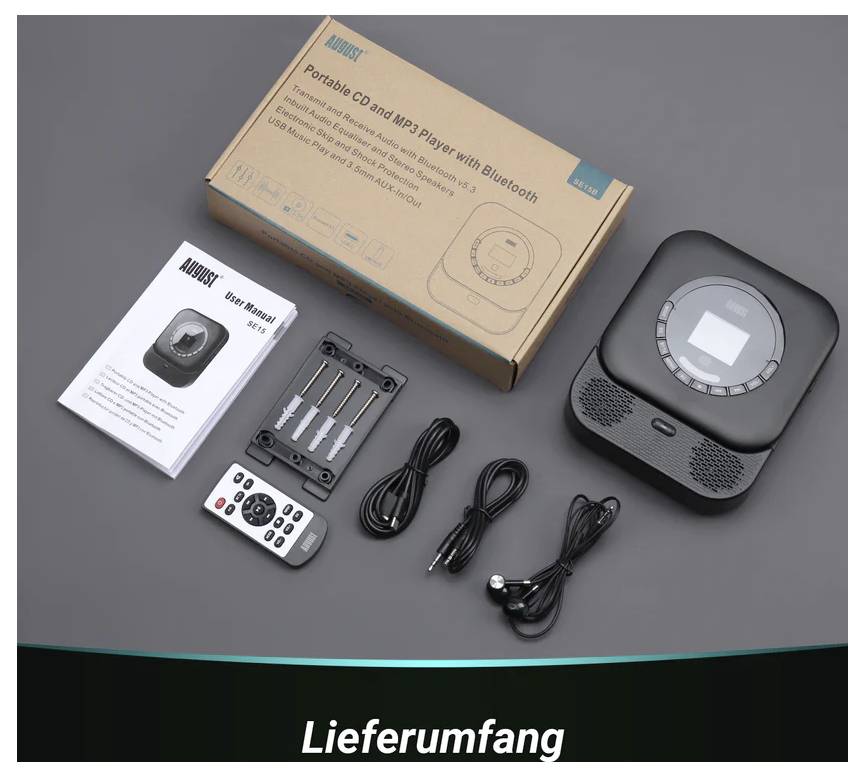 Tragbarer CD- und MP3-Player mit Bluetooth, gezeigt mit Verpackung, Benutzerhandbuch, Fernbedienung, Kopfhörern, Ladekabel und Zubehör.