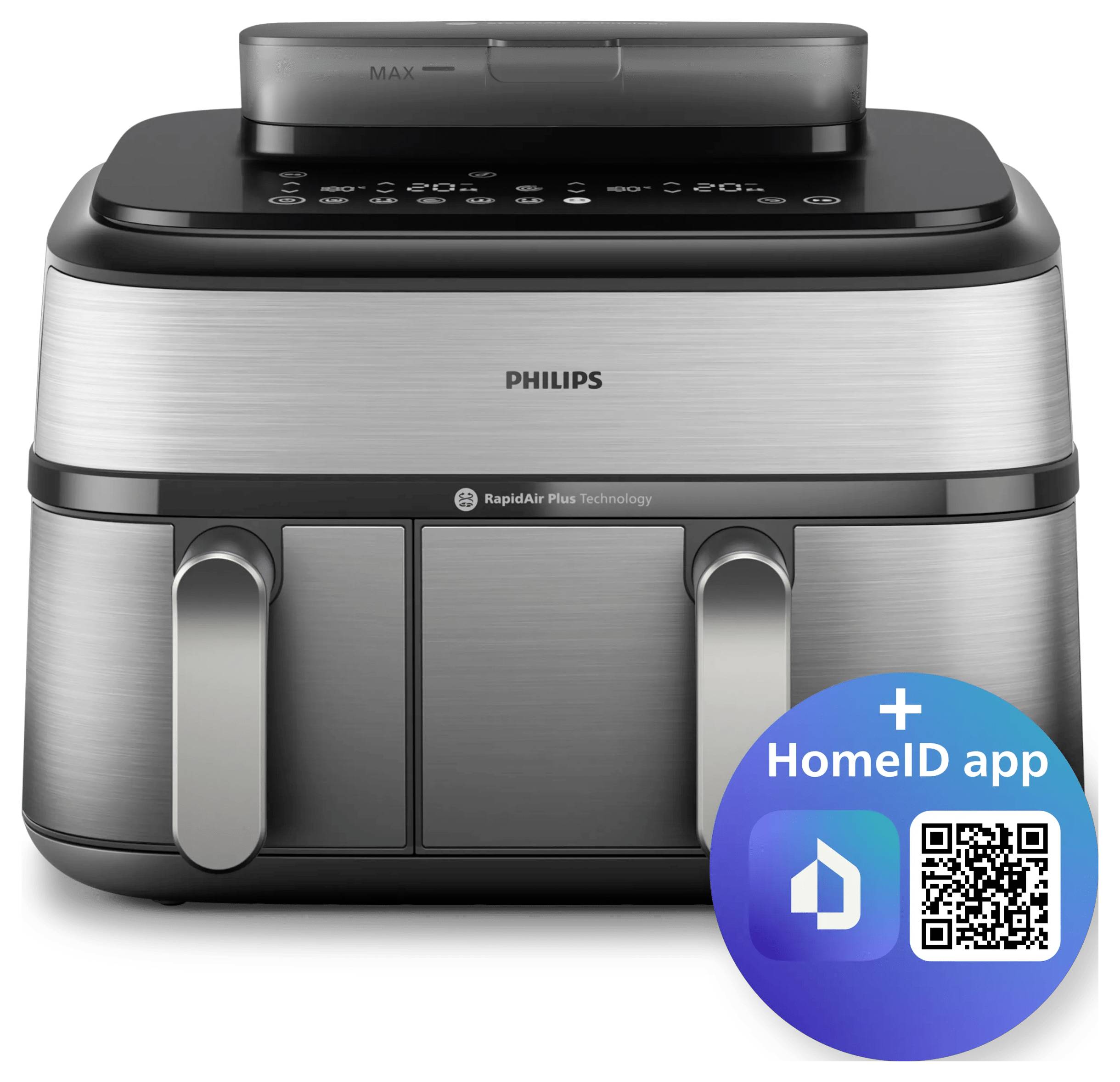 Philips Doppelkorb-Heißluftfriteuse mit digitalen Bedienelementen und HomeID-App-QR-Code-Abzeichen.