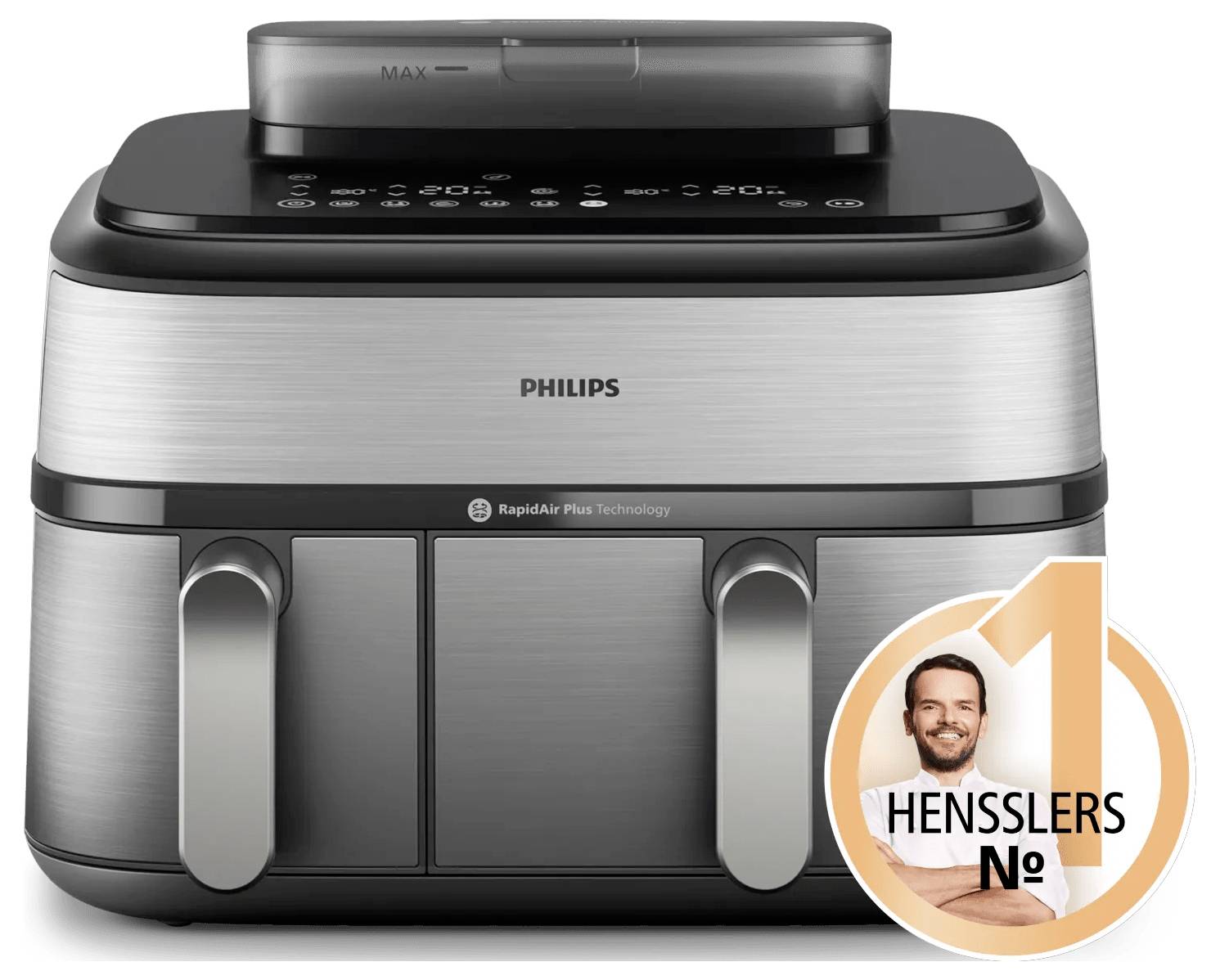 Philips Dual-Korb-Heißluftfritteuse mit digitalen Bedienelementen und Auszeichnungs-Overlay „HENSSLERS No 1