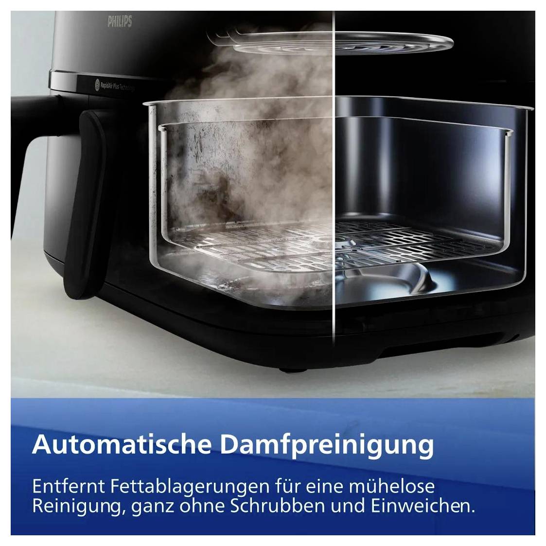 Geteilte Ansicht einer Philips-Gerätekammer, die zeigt, wie automatische Dampfreinigung Fett entfernt, mit Vorher-Nachher-Effekt und deutschem Text „Automatische Dampf...