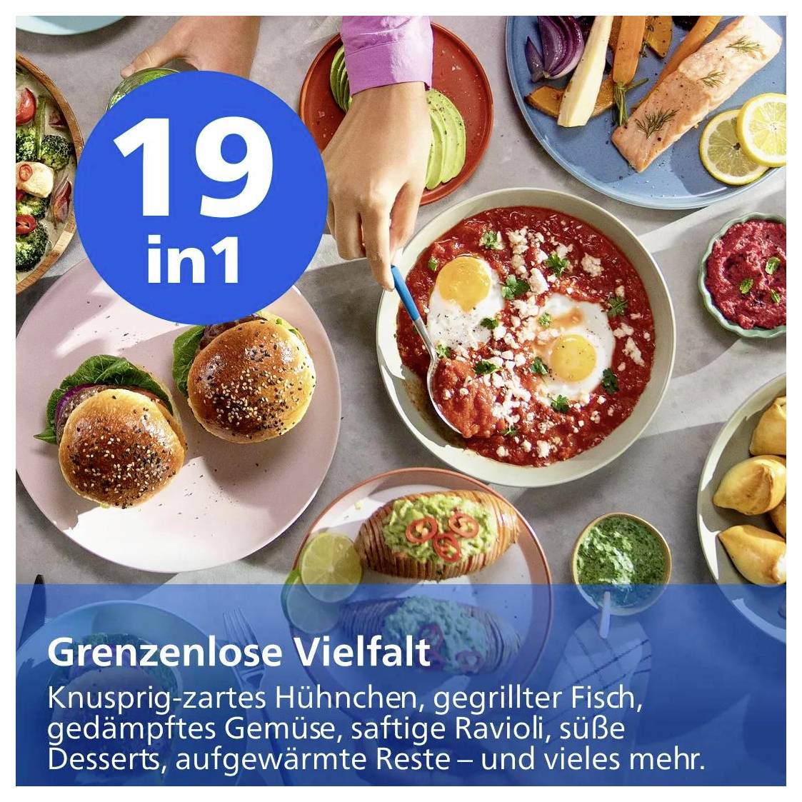Werbebild für Lebensmittel mit einem blauen „19 in 1