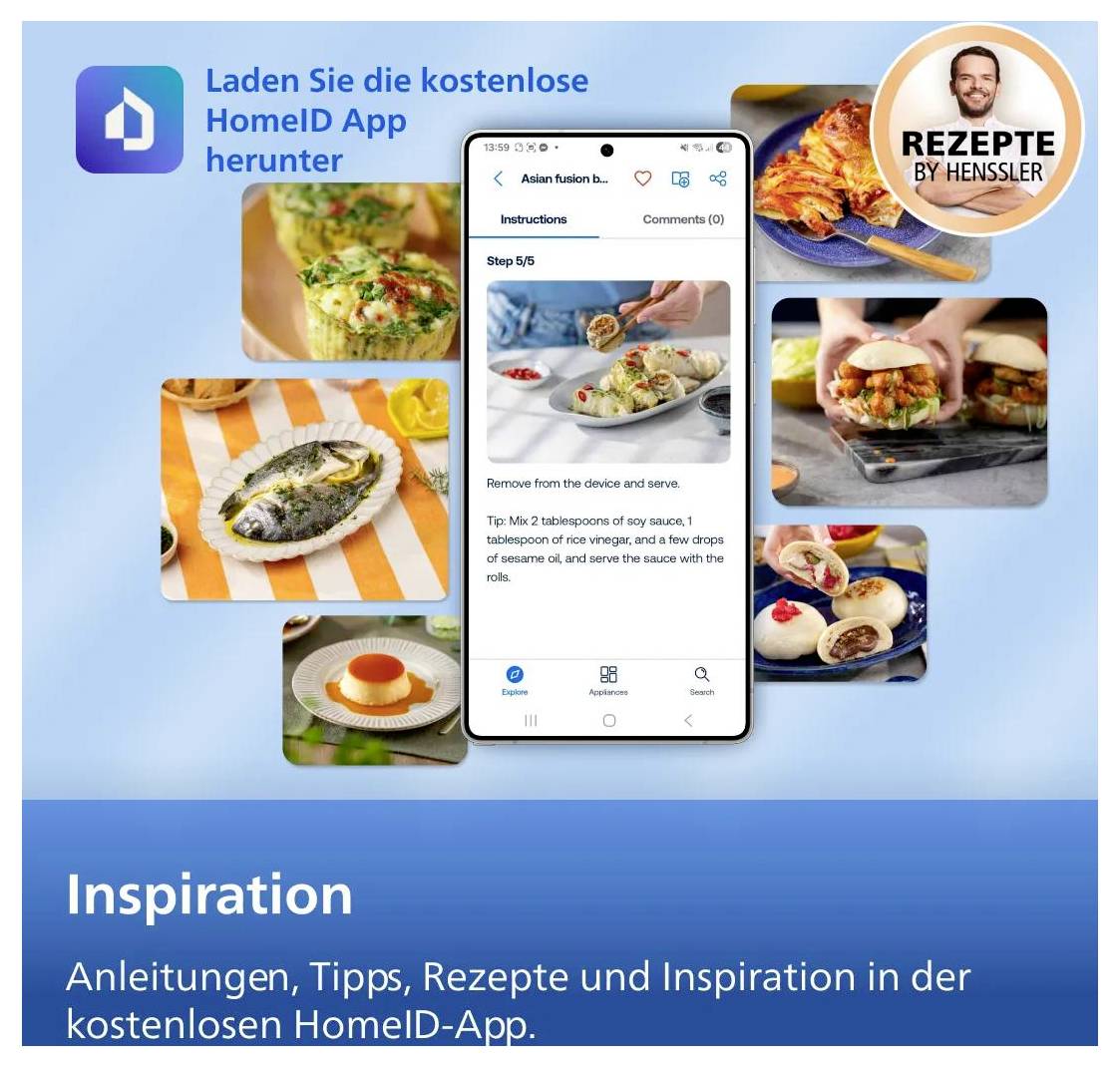 Anzeige für die kostenlose HomeID-App, die ein Smartphone mit Rezeptanleitungen zeigt, umgeben von Lebensmittelfotos und dem Text „Inspiration