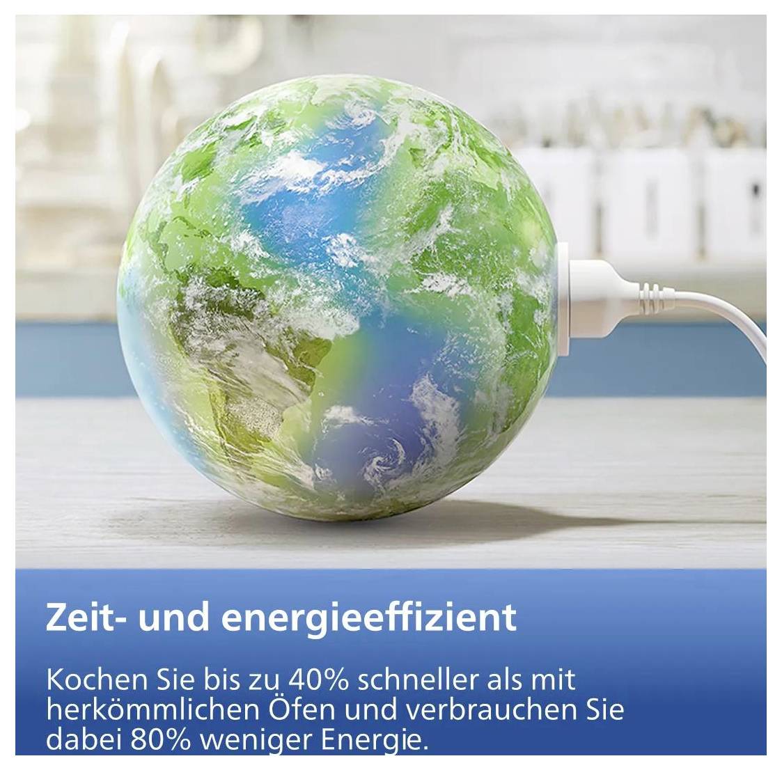 Erdförmiger grün-blauer Ofen mit Stromkabel, der „Zeit- und energieeffizientes