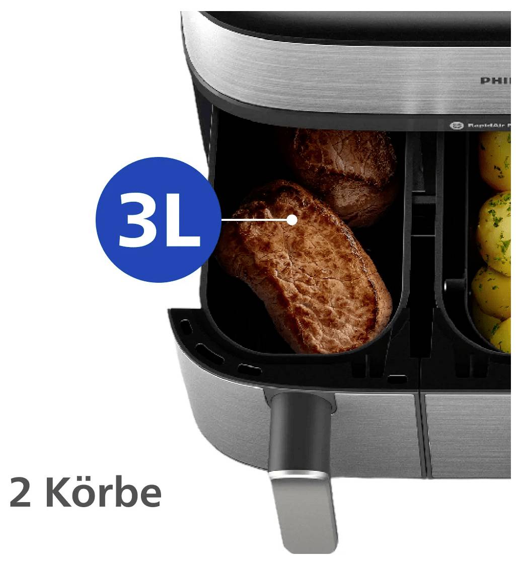 Luftfryer-Schublade mit zwei Körben, beschriftet mit „3L