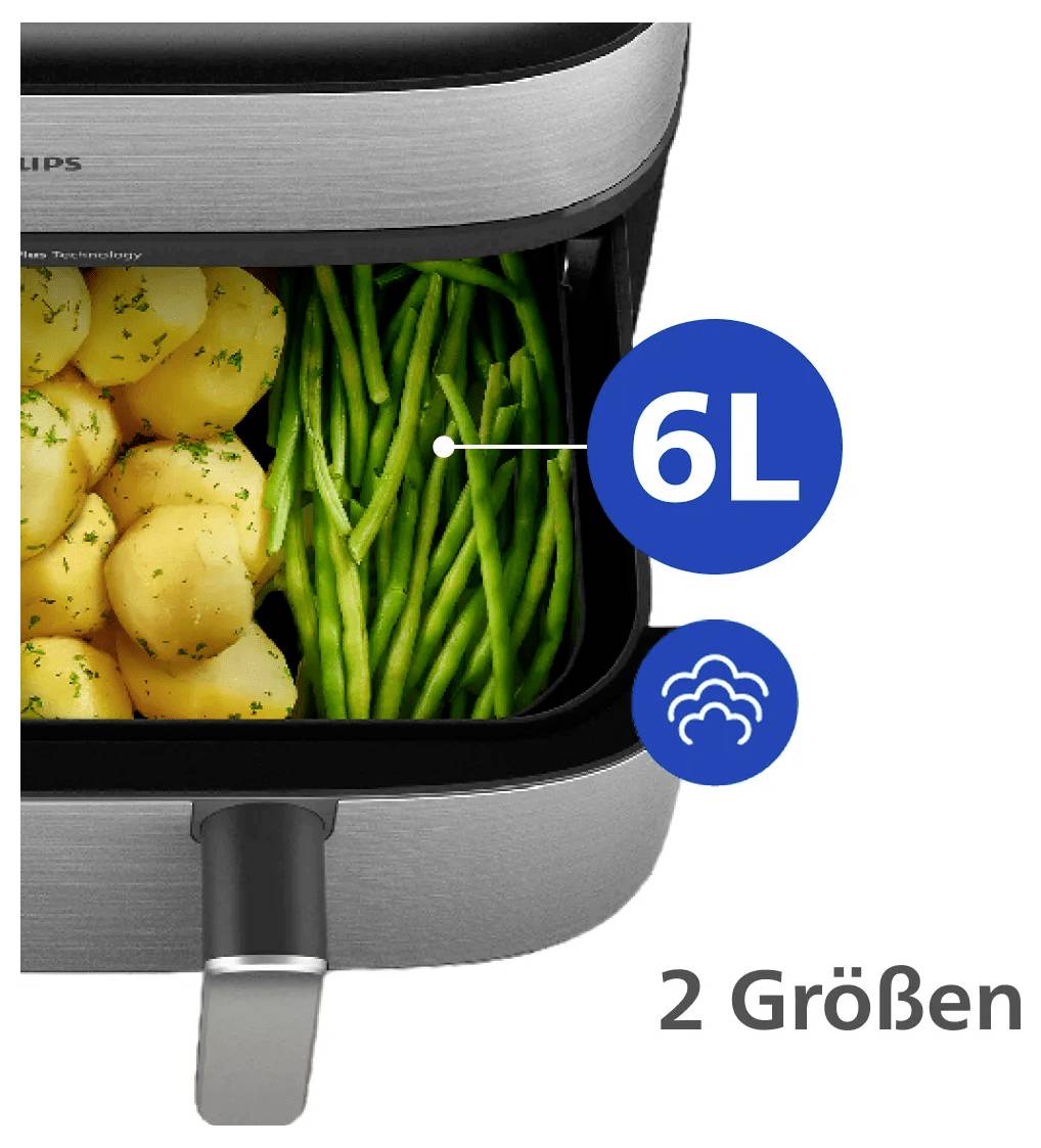 Luftfriteuse-Schublade gefüllt mit Kartoffeln und grünen Bohnen, mit der Beschriftung 6L und „2 Größen